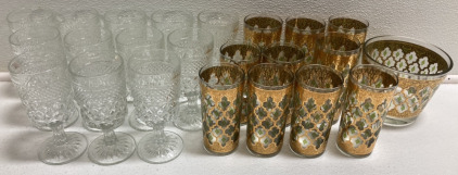 (12) Wine Chalices, (10) Green and Gold Drinking Glasses w/ Matching Bowl