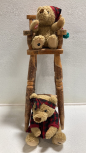 Handmade Wood Doll Highchair, (2) Teddy Bears