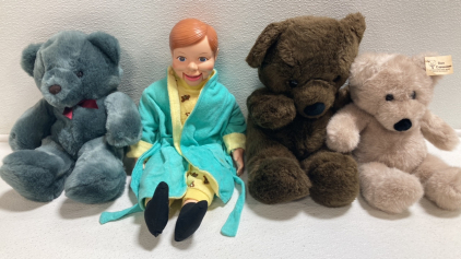 Ventriloquist Doll, (3) Teddy Bears