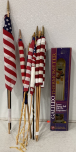 (1) 17&rsquo;&rsquo; Handcrafted Blown Glass 24K Gold Plated Medallion Galileo Thermometer, (10) USA Mini Flags With Wooden Handle