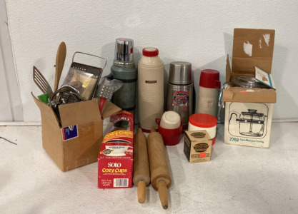 (4) Plastic And Stainless Steel Thermoses, (2) Wooden Dough Rollers, (1) Pyrex 9-Cup Percolator And More