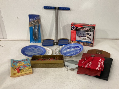 (1) Hobby Shop 3.6 Volt High Speed Cordless Rotary Tool, (4) Decorative Idaho And Wyoming Glass Plates, (1) Vintage Shoe Kit, (2) Leather Red And Black Pouches And More