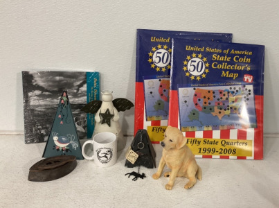(2) Metal Decorative Wnd Chimes, (1) Golden Lab Piggy Bank, (2) U.S 50 Cent Coin Collector Map, (1) Shu&rsquo;s 1997-2017 Running Co Mug And More