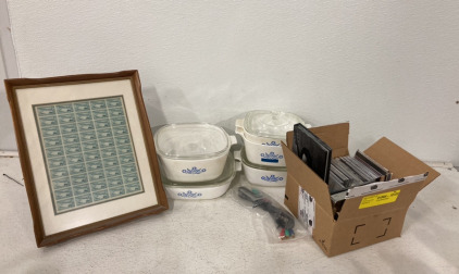(5) CornWare Glass Bowls With Lids (1 Without), (20) CD&rsquo;s Such As Johnny Cash, Neil Diamond, Elton John And More, And (1) Framed Picture Of Multiple U.S Postage 3 Cent Reclamation Bills