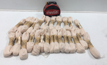 (26) Bundles Of Beige Yarn, Small Coca Cola Tin Box