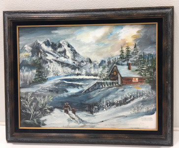 Framed Winter Cabin Painting