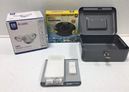 Small Lock Box With Key, LED Floodlight, Fast Fountain, Wireless Doorbell Kit