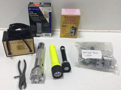 (3) Flashlights, Garage Door Latch, Router Speed Control, 12 Volt Battery Charger, Electronic Time Switch