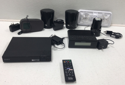 Sony DVD Player With Remote, ihome Alarm Clock, Sunsent Light, (2) JBL Speakers