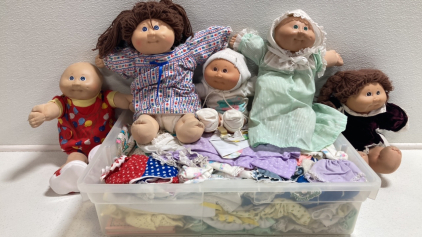 (5) Cabbage Patch Dolls, (1) Bin of Doll Clothes