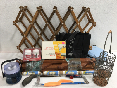 (1) Wood Expandable Rack (1) Wood Shelf (1) Coca-Cola Salt & Pepper Shakers (1) Large Black Rolling Suitcase & More!