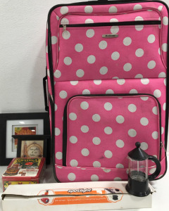 (1) Rockland 30&rdquo; Pink Polka Dot Suitcase (1) Spotlight Six Station Charging System & More!!
