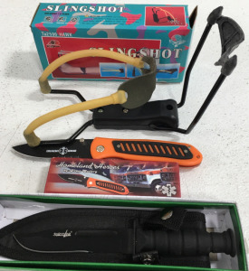 (1) Homeland Heroes &ldquo;Emergency Service&rdquo; 3&rdquo; Knife & Box (1) Survivor Knife & Sheath in Box (1) Hawk Sling In Box