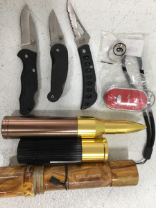 (3) Small Pocket Knives (1) Keychain Key Finder (3) Flashlight & More!