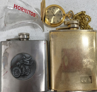 (2) 6oz Stainless Steel Flask (1) Quartz &ldquo;Grandpa&rdquo; Pocket Watch (1) Hornitos Shot Glass