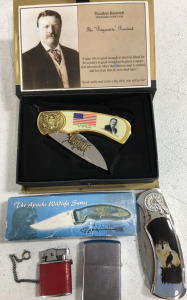 (1) Theodore Roosevelt Knife (1) The Apache Wildlife Series Knife (1) Zippo Lighter & More!