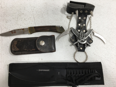 (1) Defender 6&rdquo; Bladed Knife & Sheath (1) Skeleton Double Knife & Leather (1) Schrade Sheath & Knife