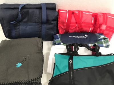 (3) Outdoor Blankets With Handles (1) Throw Blanket (2) Bags