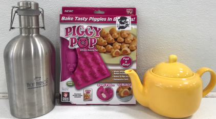 (1) Piggy Pop Silicone Baking Pan (1) Yacht Harbor 1/2 Gal Growler (1) Keratable Teapot