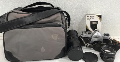 Pentax Asahi KM Camera with 2 Lens & Flash With Carrying Case