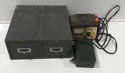 (1) Metal File Card Cabinet, (1) Small Tool Box, (1) Sears Battery Charger