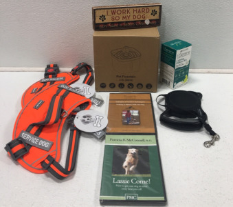 (2) Service Dog Harnesses, (2) Pet Videos, Pet Fountain, Pet Leash, Pet Sign, Pet Calming Diffuser Kits